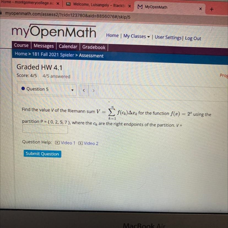 Find the value V of the Riemann, using the partition P = {{0, 2}, {2, 5}, {5, 7}}-example-1