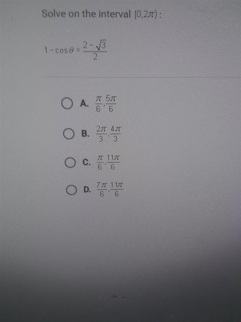 Solve on the interval [0,21): 2-3 1 - cos 9 = 2 O A. O B. *** 3 Oc. 7 117 6 7 T 11T-example-1