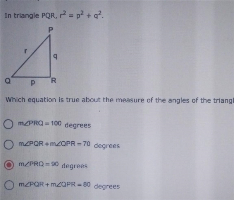 In triangle PQR, 2 = p + q?. P g р R Which equation is true about the measure of the-example-1