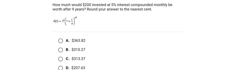 How much would $200 invested at 5% interest compounded monthly be worth after 9 years-example-1