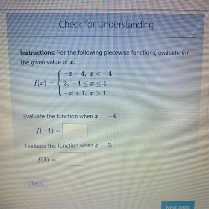 Instructions: For the following piecewise functions, evaluate forthe given value of-example-1