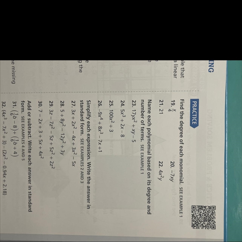 HELP!! Find the degree of each monomial 21 X/4-example-1