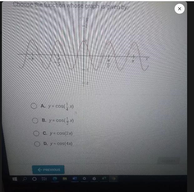 Choose the function whose graph is given by: y AAAAA +2 O y A. y = cos(1 x) O B. y-example-1