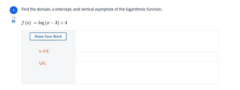 Find the domain, x-intercept, and vertical asymptote of the logarithmic function.f-example-1