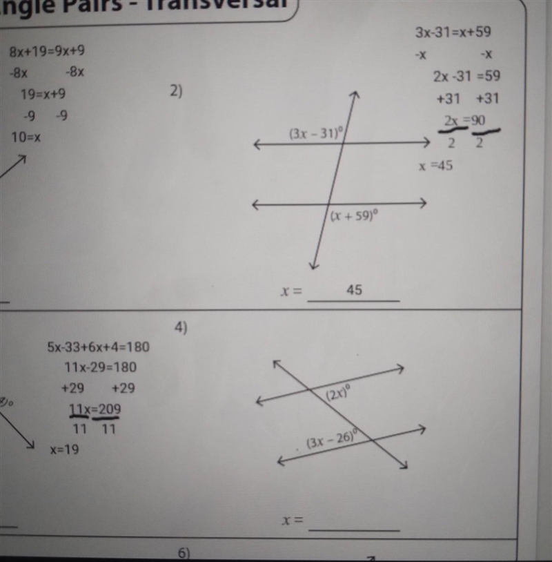 I need help doing angle pairs transversal in 2 step equation there's some examples-example-1