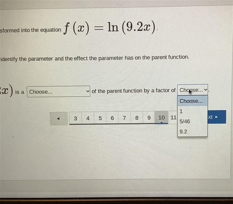 The function f(x) = In x is transformed into the equation f (x) = In (9.2x)-example-1