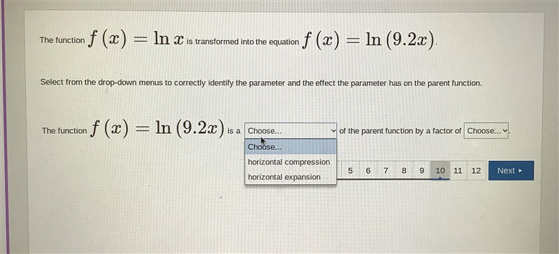 The function f(x) = In x is transformed into the equation f (x) = In (9.2x)-example-2