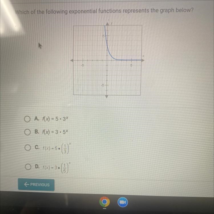 Which of the following exponential functions represents the graph below?O A. f(x) = 5 •3*OB-example-1