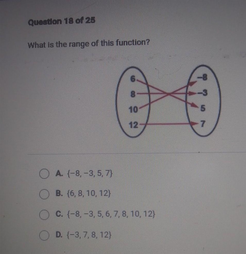 What is the range of this function? 8 5 O A f-8,-3,5,7) B. {6, 8, 10, 12) O C. (-8, -3, 5, 6, 7, 8, 10, 12} O-example-1