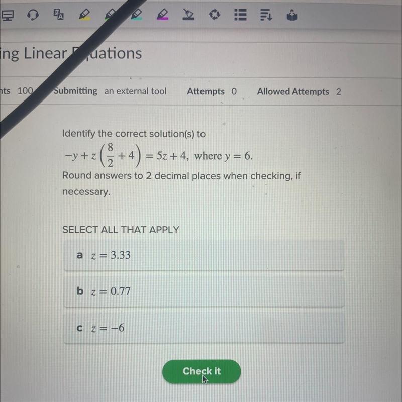 Identify the correct solutions to…. Round answers to two decimal places when checking-example-1