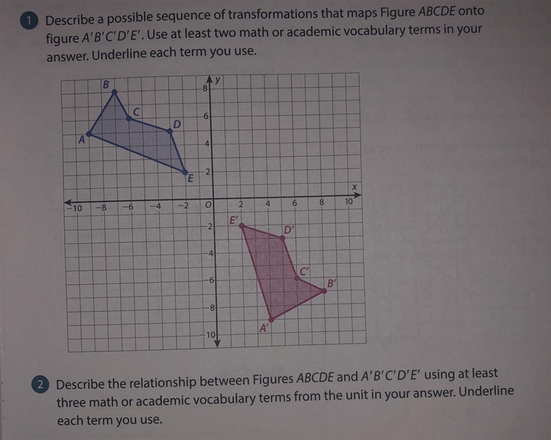 Describe a possible sequence of transformations that maps Figure ABCDE ontofigure-example-1