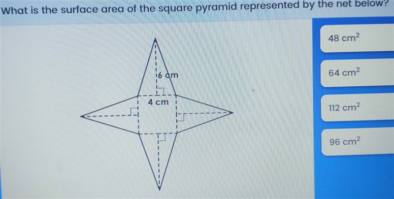 What is the surface are of the square pyramid represented by the net below?-example-1