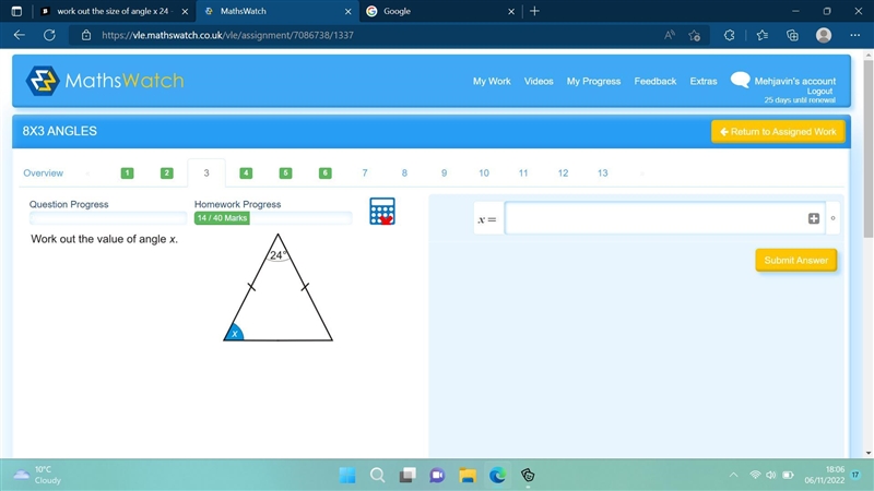 Work out the size of angle x 24-example-1