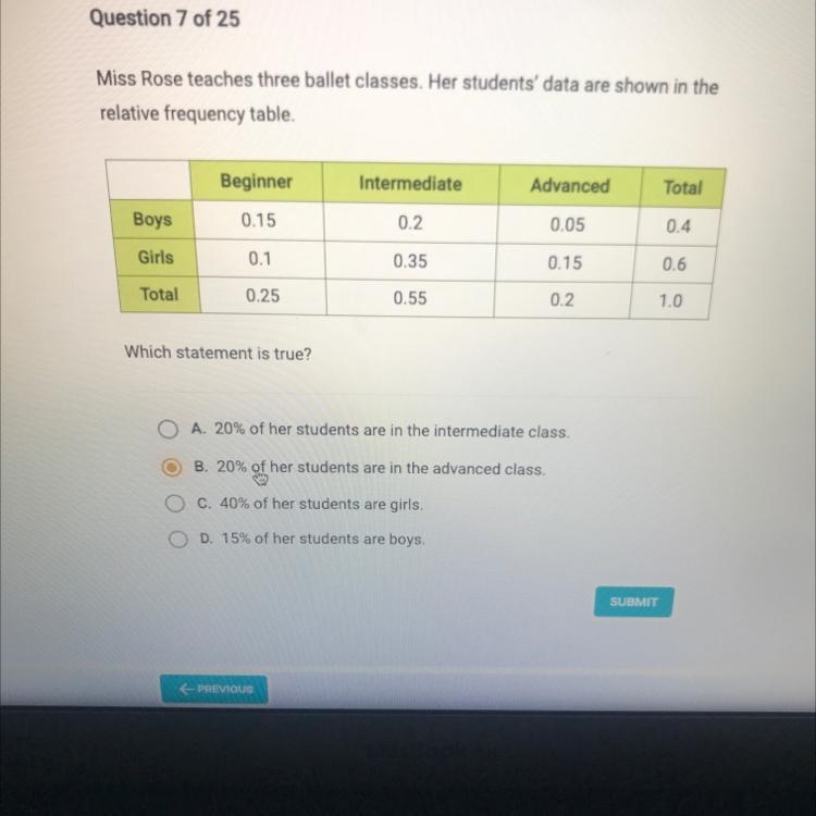 Question 7 of 25Miss Rose teaches three ballet classes. Her students' data are shown-example-1