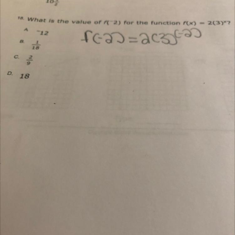 18. What is the value of f(-2) for the function f(x) = 2(3Y"?A12fca=acze33B118С-example-1