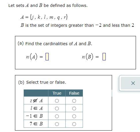 Let sets A and B be defined as follows: A= {j, k, l, m, q, r} B is the set of integers-example-1