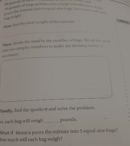 To make concrete mix, Monica pours 34 pounds of cement, 68 pounds of sand, 14 pounds-example-1