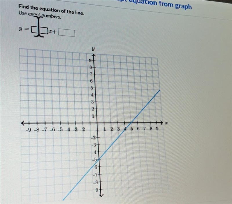 Find the equation of the line. Use exortumbers. st V = 2+ 9 8- 6+ 5+ -4 3+ 2+ 1+ T-example-1