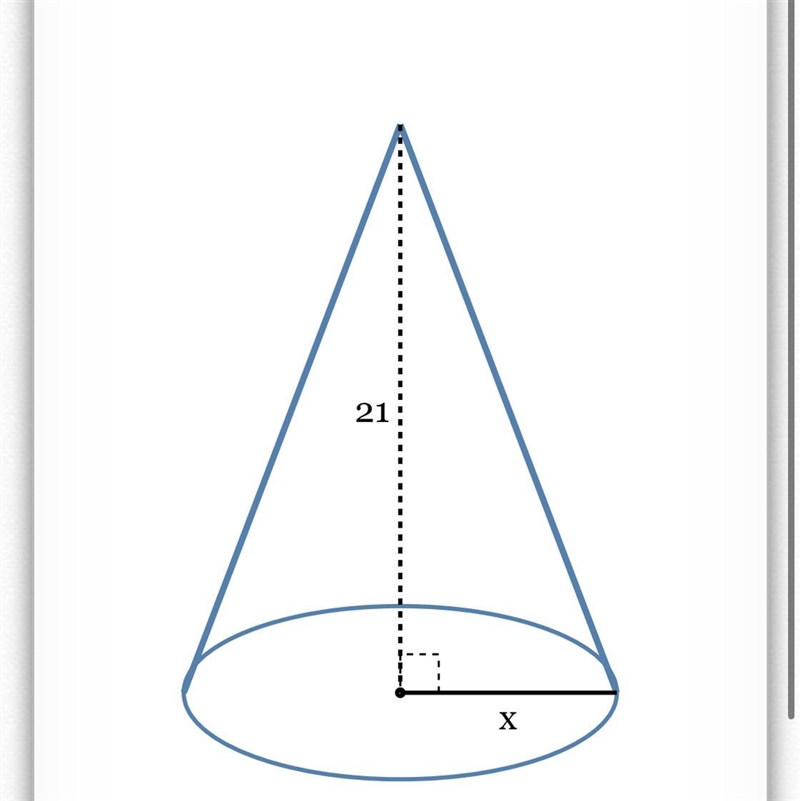 The volume of the right cone below is 448π units^3. Find the value of x-example-1