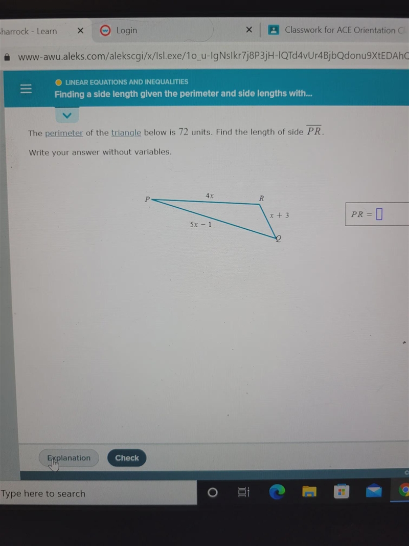 The perimeter of the triangle below is 72 units. Fine the length of side PR write-example-1