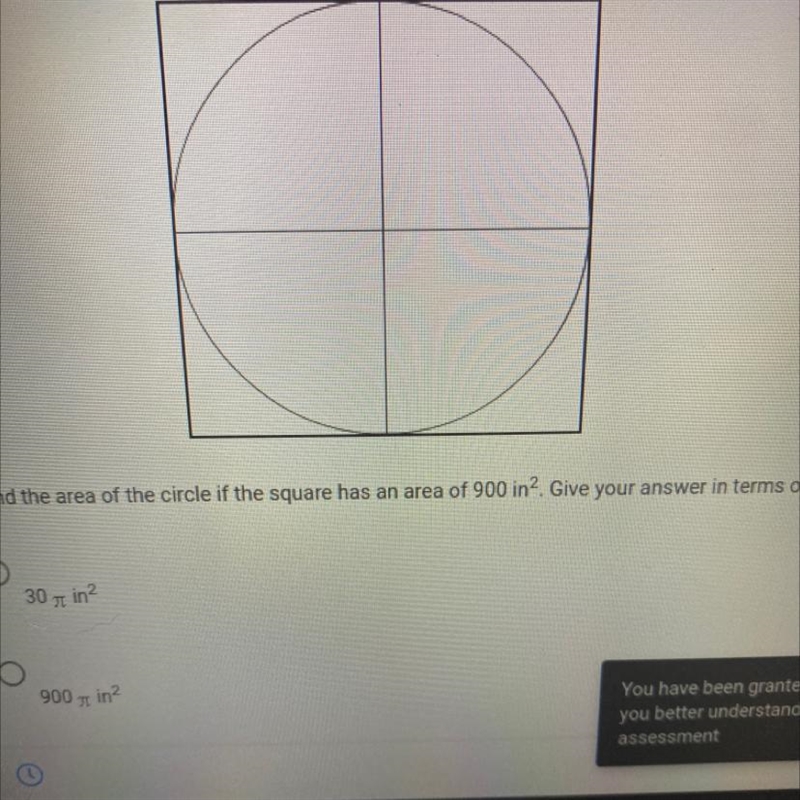 Find the area of the circle if the square has an area of 900 in.² to give your answer-example-1