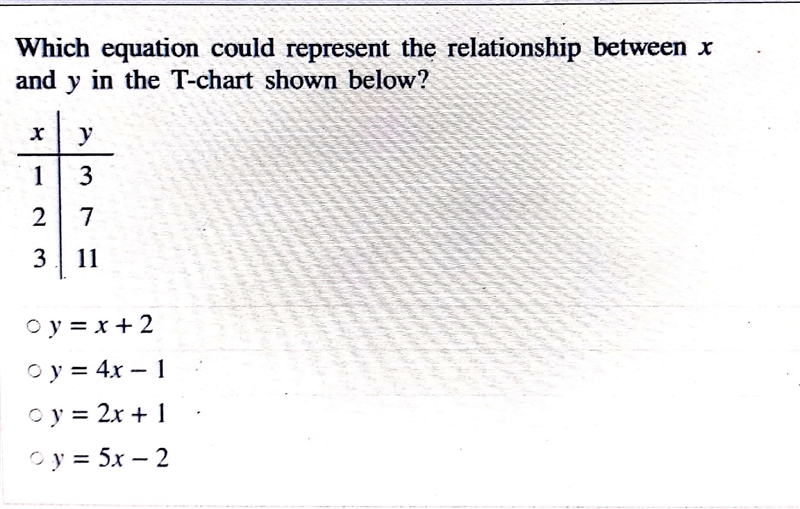 Which equation could represent the relationship between x and y in the T-chart shown-example-1