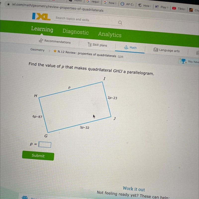 Find the value of p that makes quadrilateral GHIJ a parallelogram-example-1