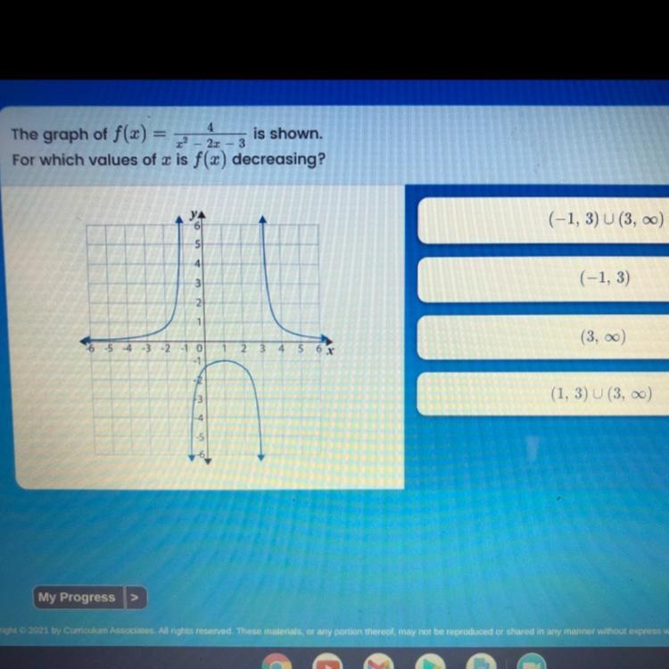 The graph of f(x) = 2*- is shown.For which values of x is f(x) decreasing?JA(-1, 3) (3, 0)(-1, 3)(300)4-1(1, 3) (3, 0)-example-1