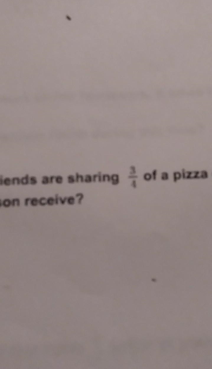 Terrence and three of his friends are sharing 3/4 of a pizza equally what fraction-example-1