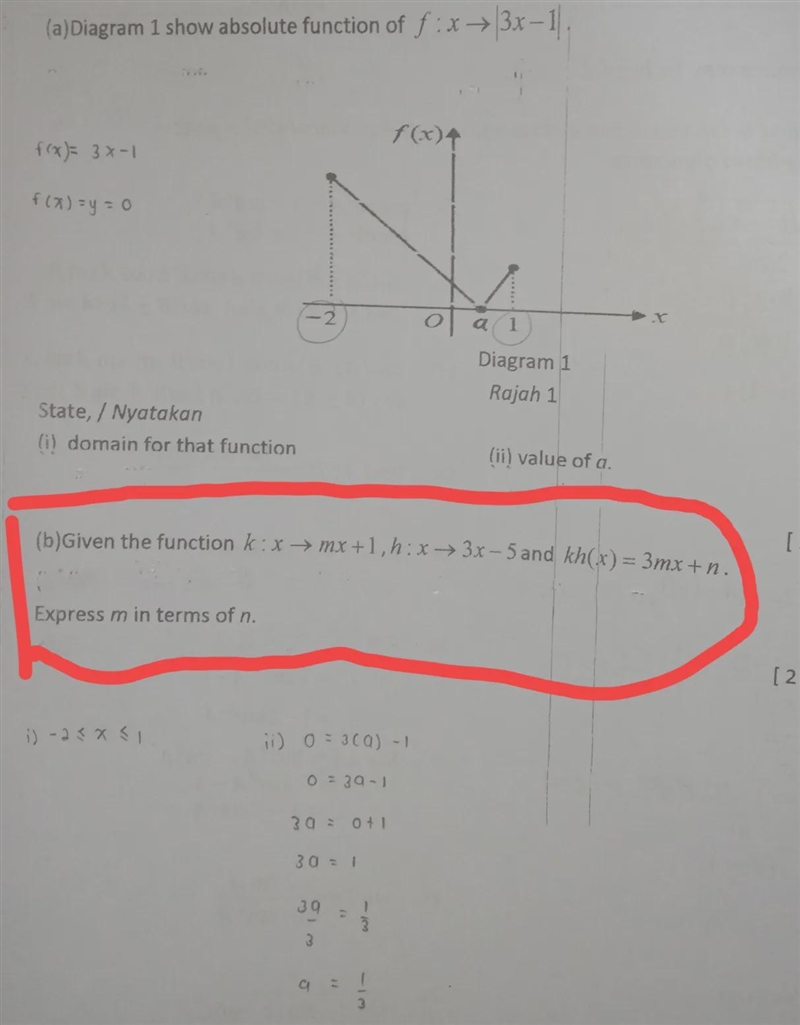 Given the function k(x)=mx+1, h(x)=3x-5 and kh(x)=3mx+n. Express m in terms of n.-example-1