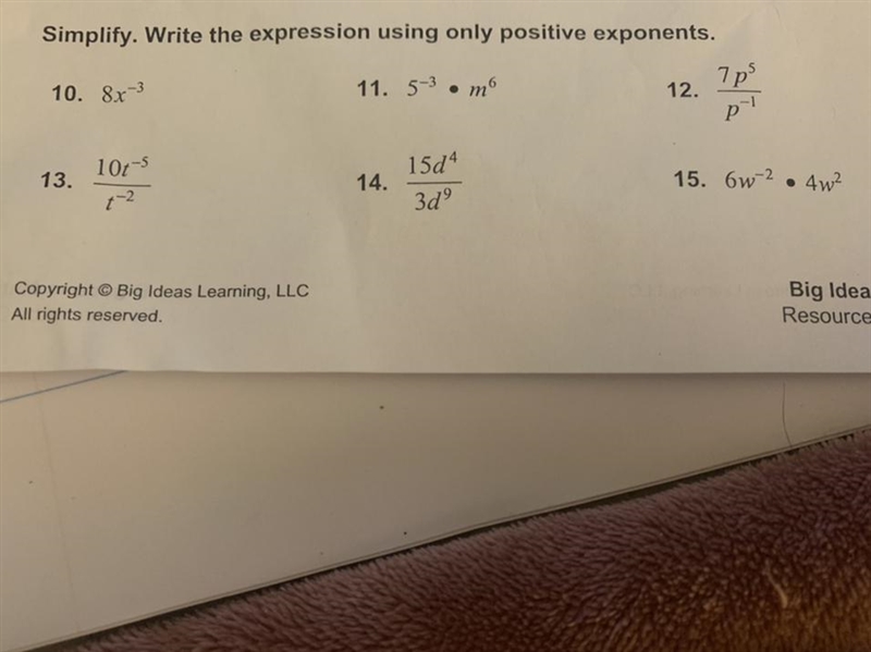 Write the following expressions using only positive exponents. Problems 10 through-example-1