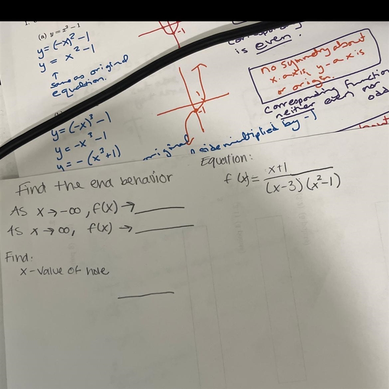 Fine the end behavior and x-value of holeEquation is to the right-example-1