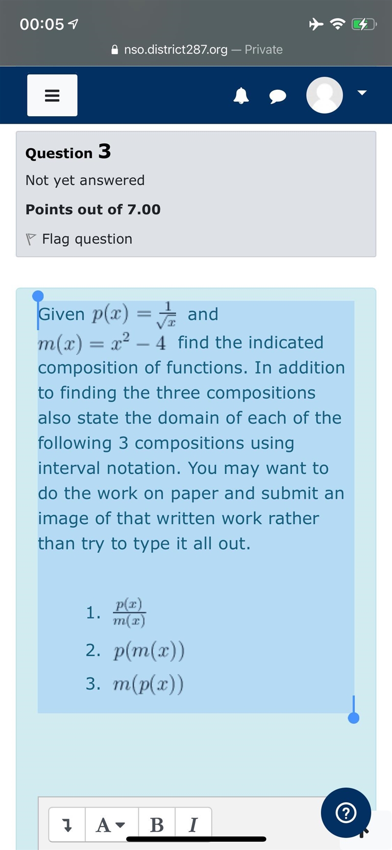 Given p(x)= \frac{1}{ \sqrt[]{x} } and m(x)=x^2-4 find the indicated composition of-example-1