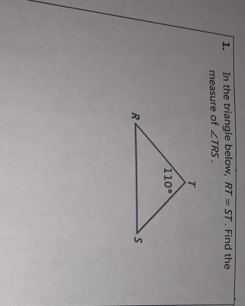 In the triangle below , RT=ST, find the measure of-example-1