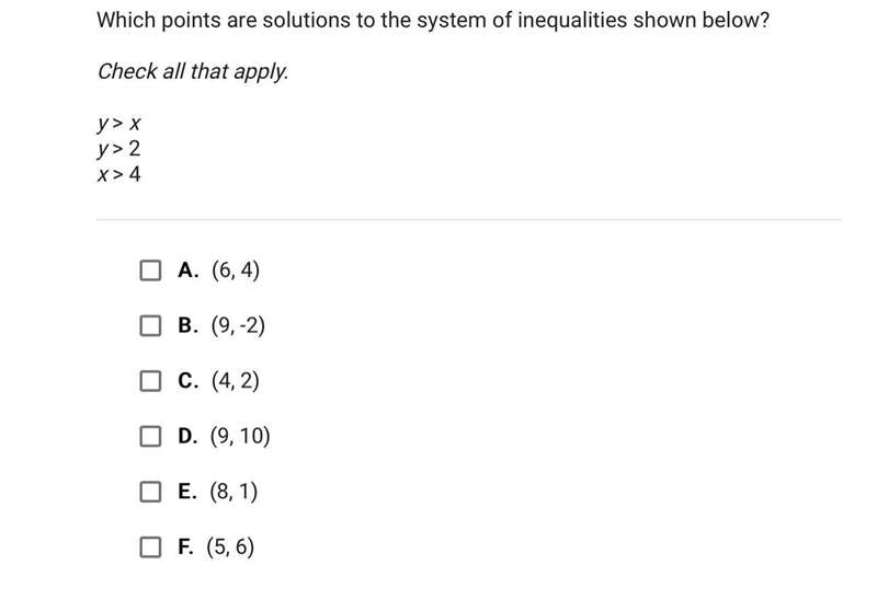 Which points are solutions to the system of inequalities shown below? Check all that-example-1