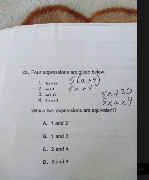 Which two expressions are equivalent one and two one and three two and four three-example-1