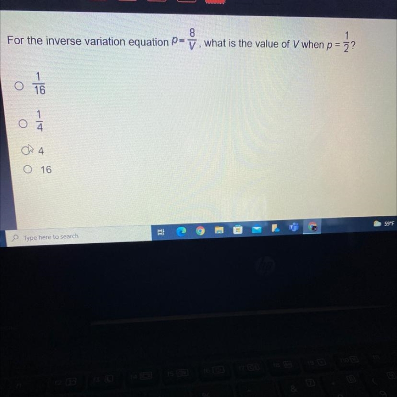 81For the inverse variation equation p= 7, what is the value of V when p = 2?O161O-example-1