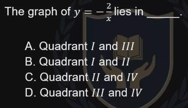 The graph of y = –2/x lies in ____.A. Quadrant I and IIIB. Quadrant I and IIC. Quadrant-example-1