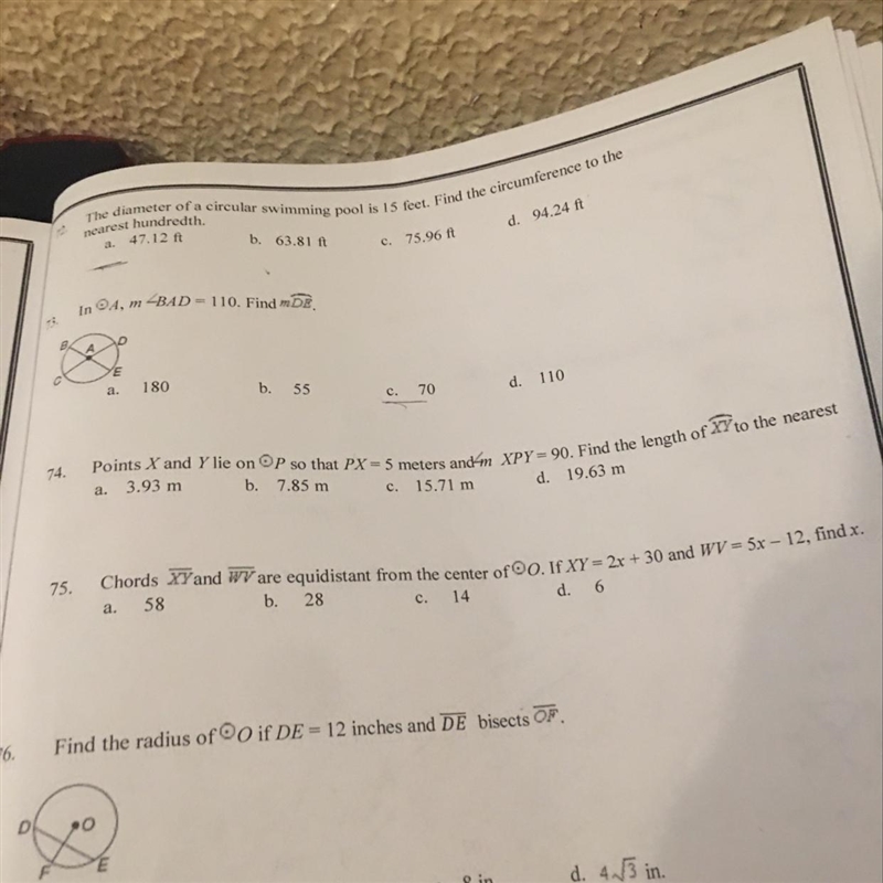 Need help answer this question 74: Points X and Y lie on (circle)P so that PX = 5 meters-example-1