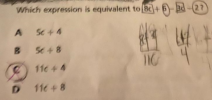 Which expression is equivalent to 8C +6 minus 3c minus 2-example-1