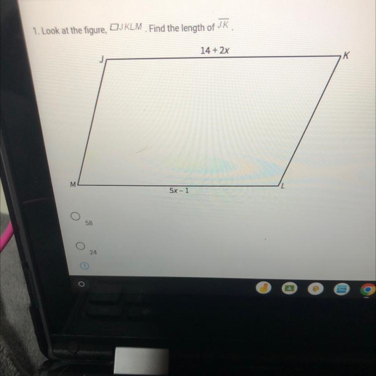 1. Look at the figure, OJKLM. Find the length of JKM5x-114+ 2xK-example-1