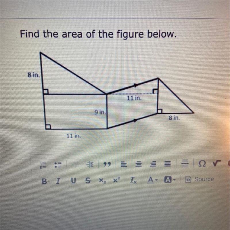 PLEASE HURRY!!!! Find the area of the figure below. 8 in. 11 in. 9 in 8 in 11 in-example-1