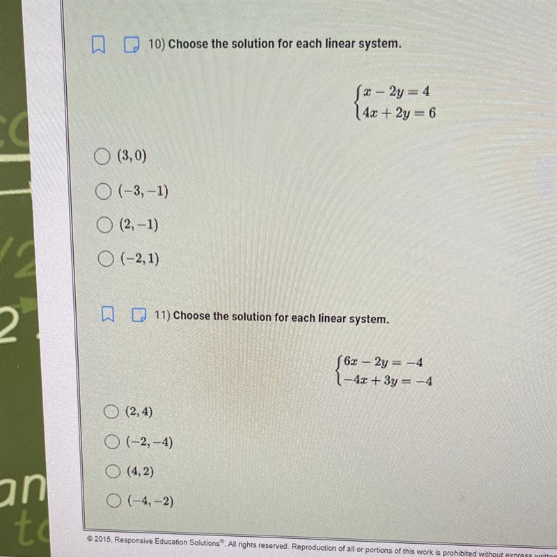 10) Choose the solution for each linear system. (3,0) (-3,-1) (2,-1) (-2,1) (x-2y-example-1