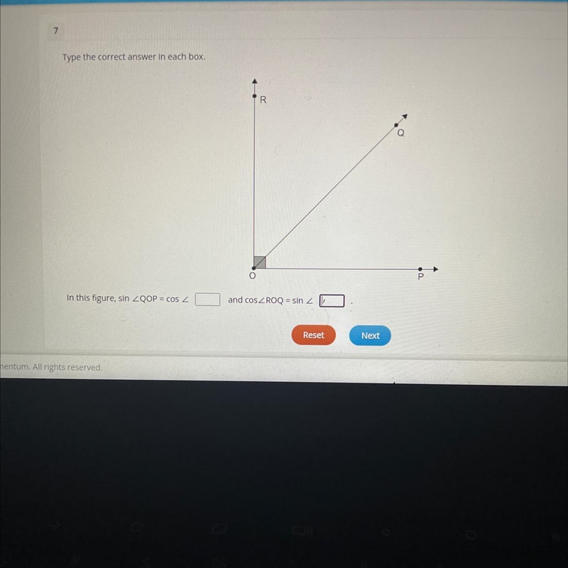 Type the correct answer in each box.In this figure, sin ZQOP=cos ZRand cosZROQ sin-example-1