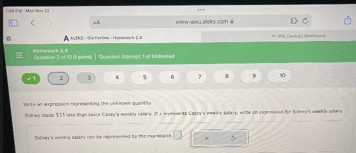 Write an expression representing the unknown quantitySidney made S33 less than tvice-example-1