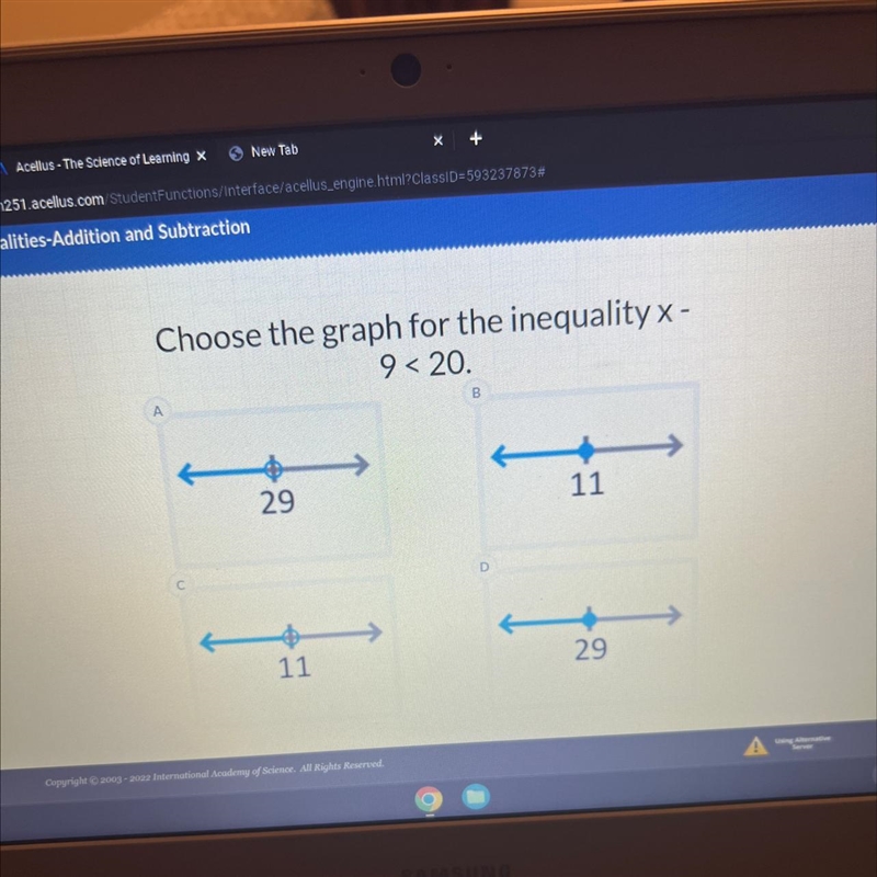 Choose the graph for the inequality x - 9 <20. A 29 - 11 B D ← 11 29-example-1