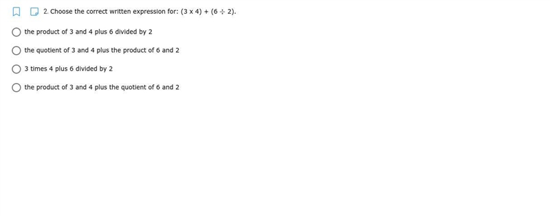 Choose the correct written expression for: (3 x 4) + (6 /2)-example-1