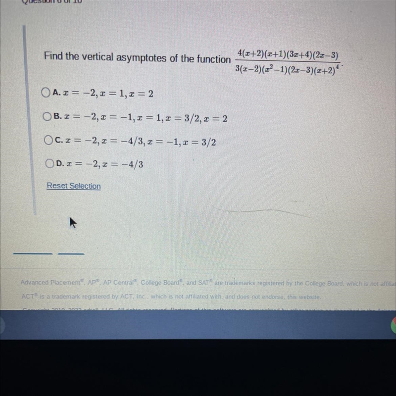 Find the vertical asymptotes of the functionOA. x =OB. x =OC.x =-2, x =-2, x=-2, x-example-1