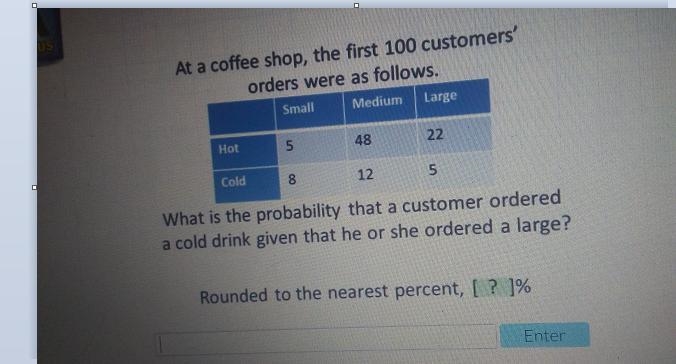 At a coffee shop, the first 100 customers' orders were as follows. What is the probability-example-1