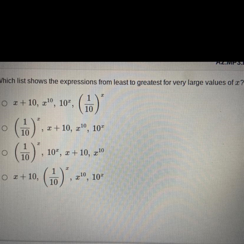 Which list shows the expressions from least to greatest for very large values of x-example-1